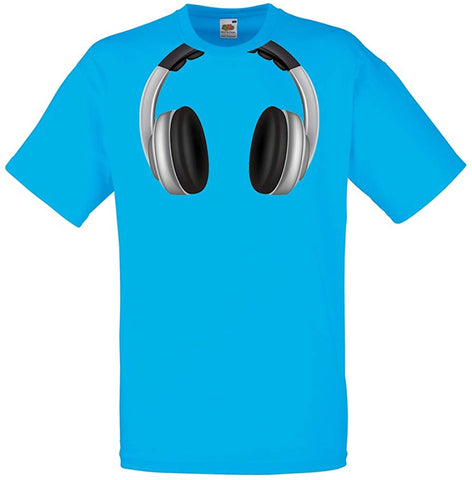 Men's Cool Headphones Around The Neck Music Rock and Roll DJ Clothes Blue T-Shirts