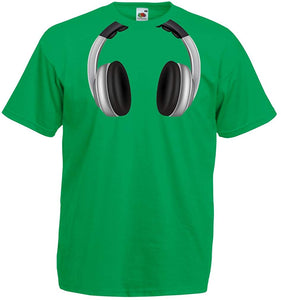 Men's Cool Headphones Around The Neck Music Rock and Roll DJ Clothes Green T-Shirts