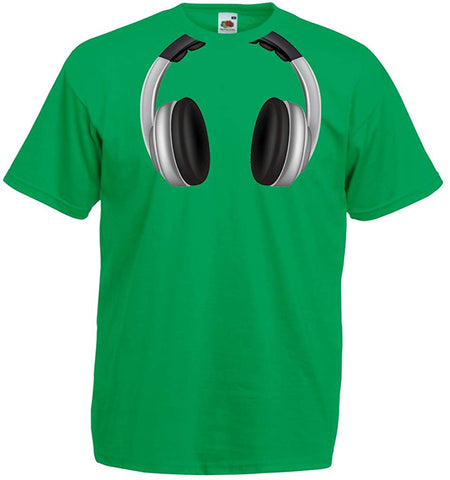 Men's Cool Headphones Around The Neck Music Rock and Roll DJ Clothes Green T-Shirts