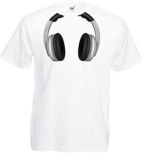 Men's Cool Headphones Around The Neck Music Rock and Roll DJ Clothes White T-Shirts