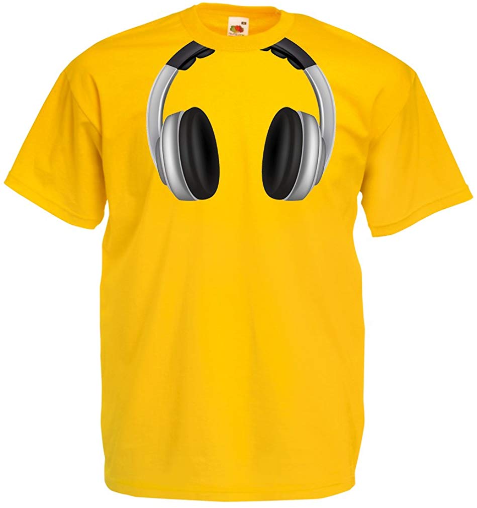 Men's Cool Headphones Around The Neck Music Rock and Roll DJ Clothes Yellow T-Shirts