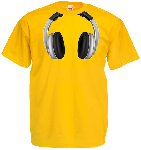 Men's Cool Headphones Around The Neck Music Rock and Roll DJ Clothes Yellow T-Shirts