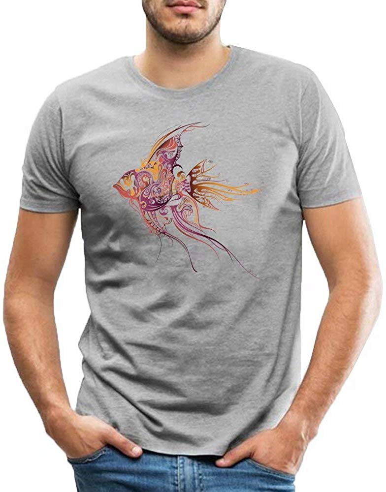 Men's Cotton Abstract Goldfish Pattern Classic Tops Gray T-Shirts