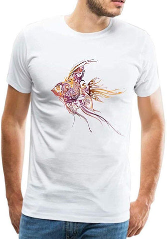 Men's Cotton Abstract Goldfish Pattern Classic Tops White T-Shirts