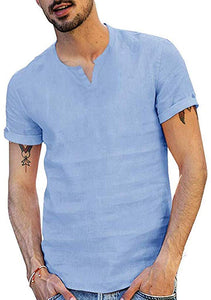 Men's Cotton Hemp Short Sleeve Comfortable Top Blue T-Shirts