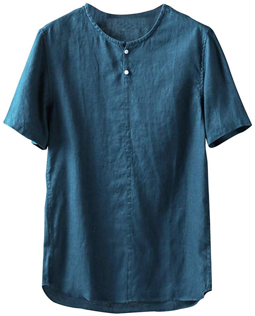 Men's Cotton Hemp Short Sleeve Comfortable Top Blue T-Shirts