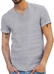 Men's Cotton Hemp Short Sleeve Comfortable Top Gray T-Shirts