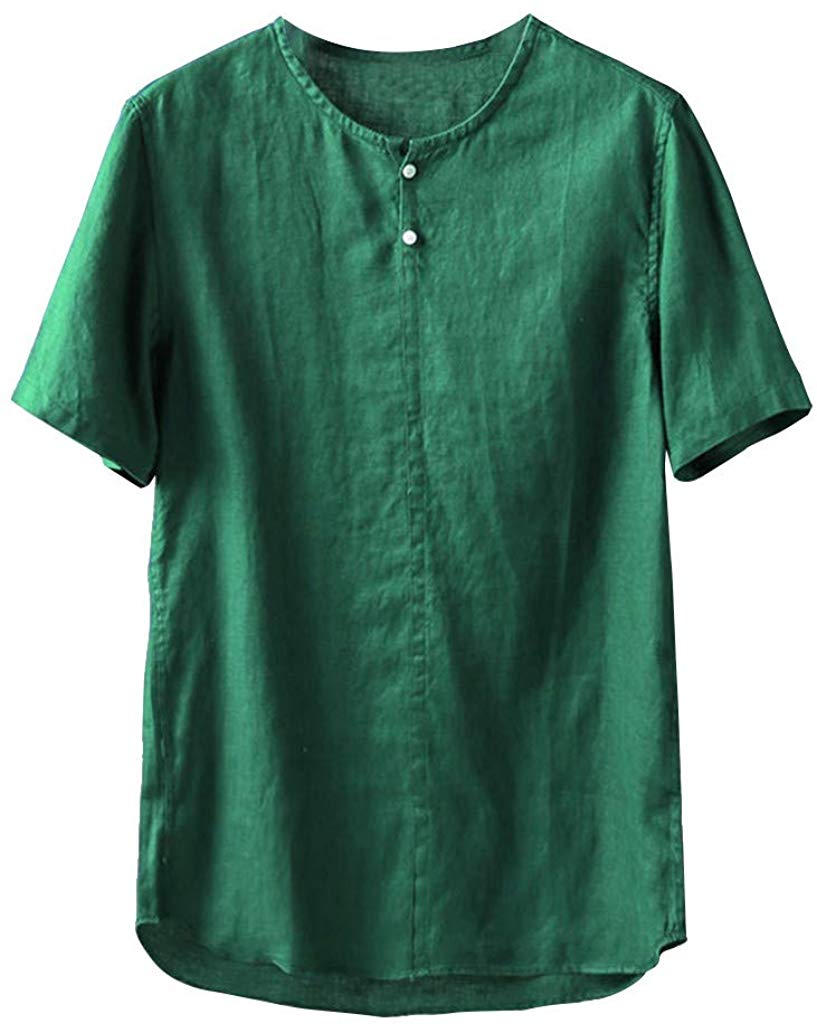 Men's Cotton Hemp Short Sleeve Comfortable Top Green T-Shirts