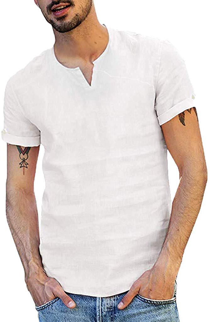 Men's Cotton Hemp Short Sleeve Comfortable Top White T-Shirts