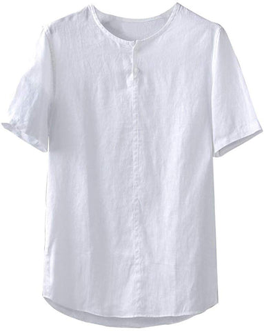 Men's Cotton Hemp Short Sleeve Comfortable Top White T-Shirts