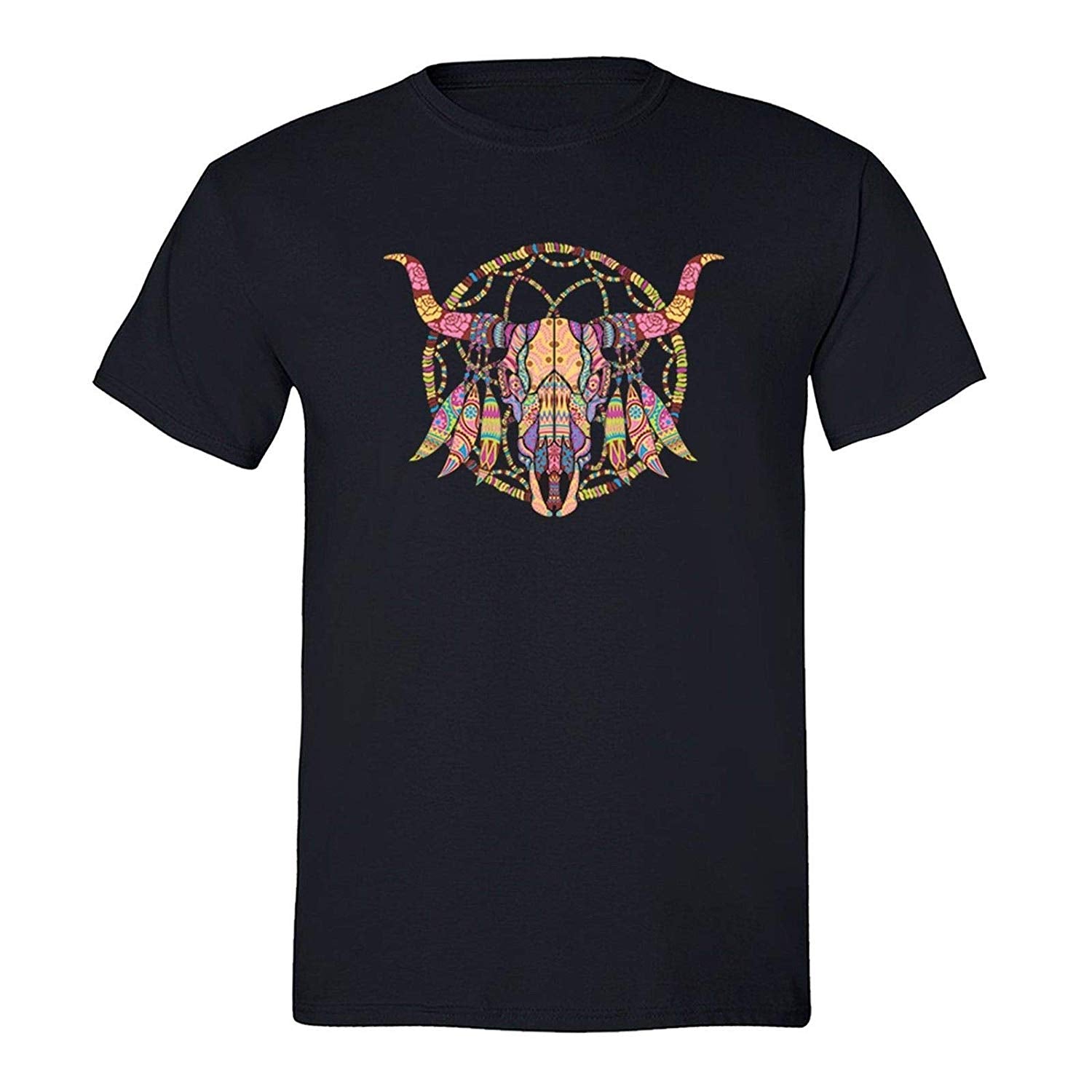 Men's Cow Skull Dreamcatcher Pink Tribal Animal Crewneck Short Sleeve Black T-Shirts