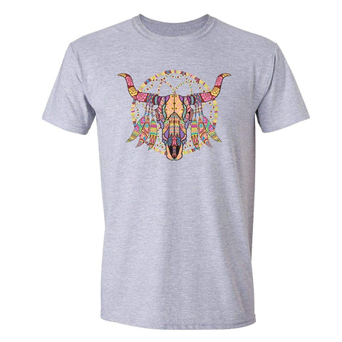 Men's Cow Skull Dreamcatcher Pink Tribal Animal Crewneck Short Sleeve Gray T-Shirts