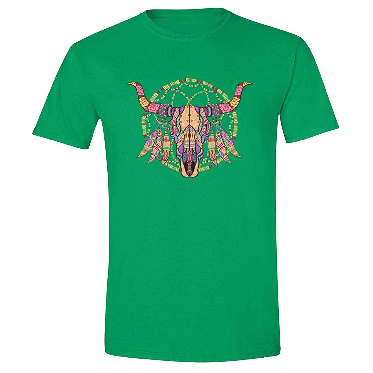 Men's Cow Skull Dreamcatcher Pink Tribal Animal Crewneck Short Sleeve Green T-Shirts