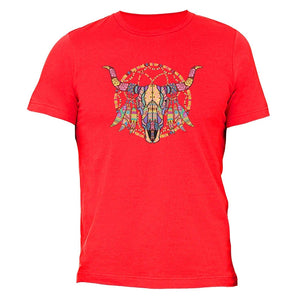 Men's Cow Skull Dreamcatcher Pink Tribal Animal Crewneck Short Sleeve Red T-Shirts