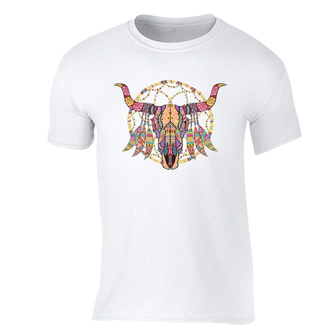 Men's Cow Skull Dreamcatcher Pink Tribal Animal Crewneck Short Sleeve White T-Shirts