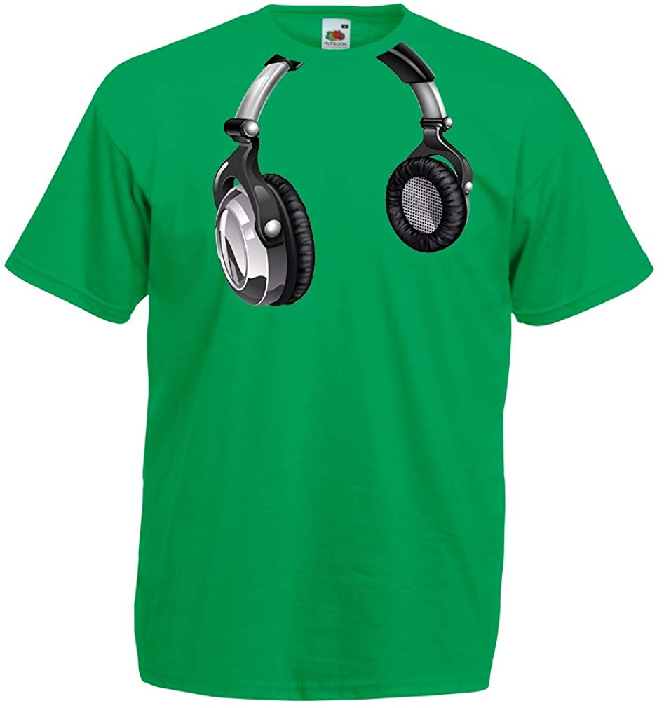 Men's DJ Gift for Music Lovers Retro Music Electronics Headphone Print Green T-Shirts