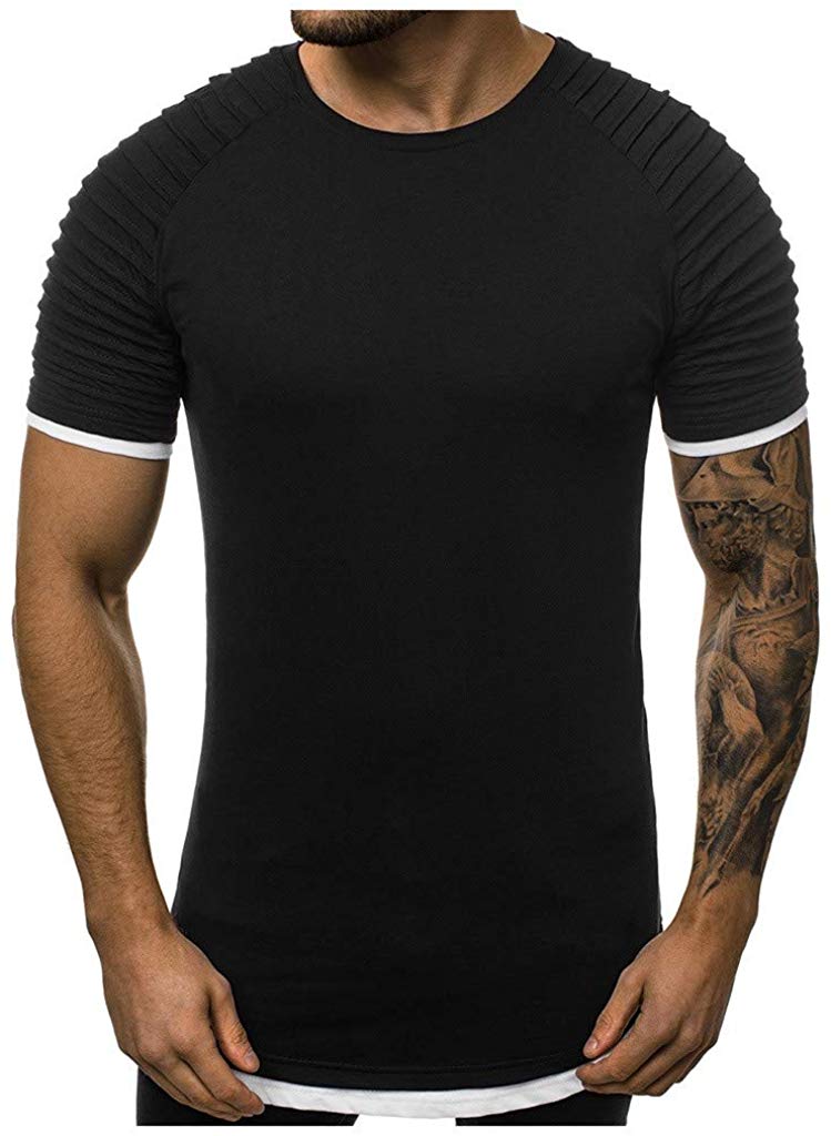 Men's Fake Two Piece Pleats Pattern Casual Lapel Short Sleeve Black T-Shirts