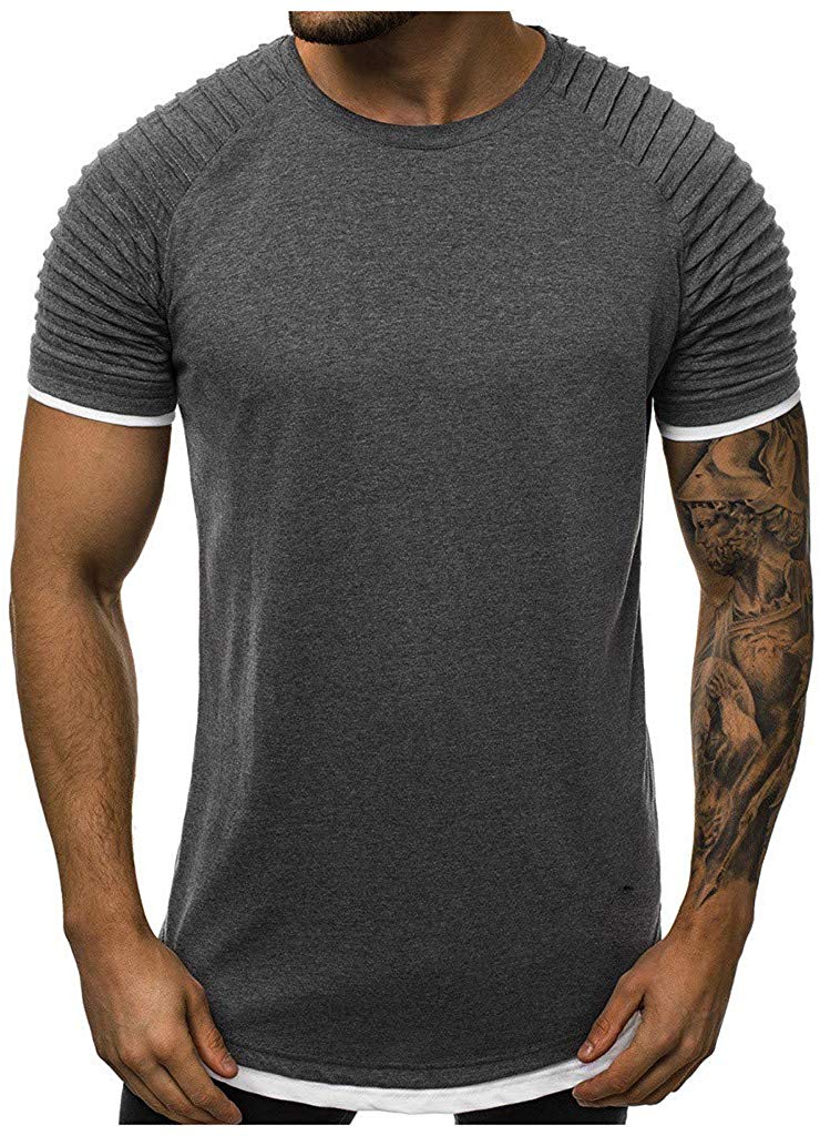 Men's Fake Two Piece Pleats Pattern Casual Lapel Short Sleeve Gray T-Shirts