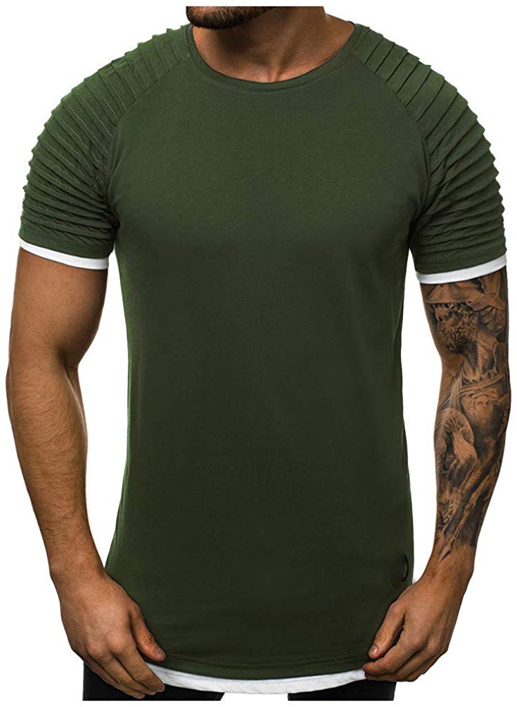 Men's Fake Two Piece Pleats Pattern Casual Lapel Short Sleeve Green T-Shirts