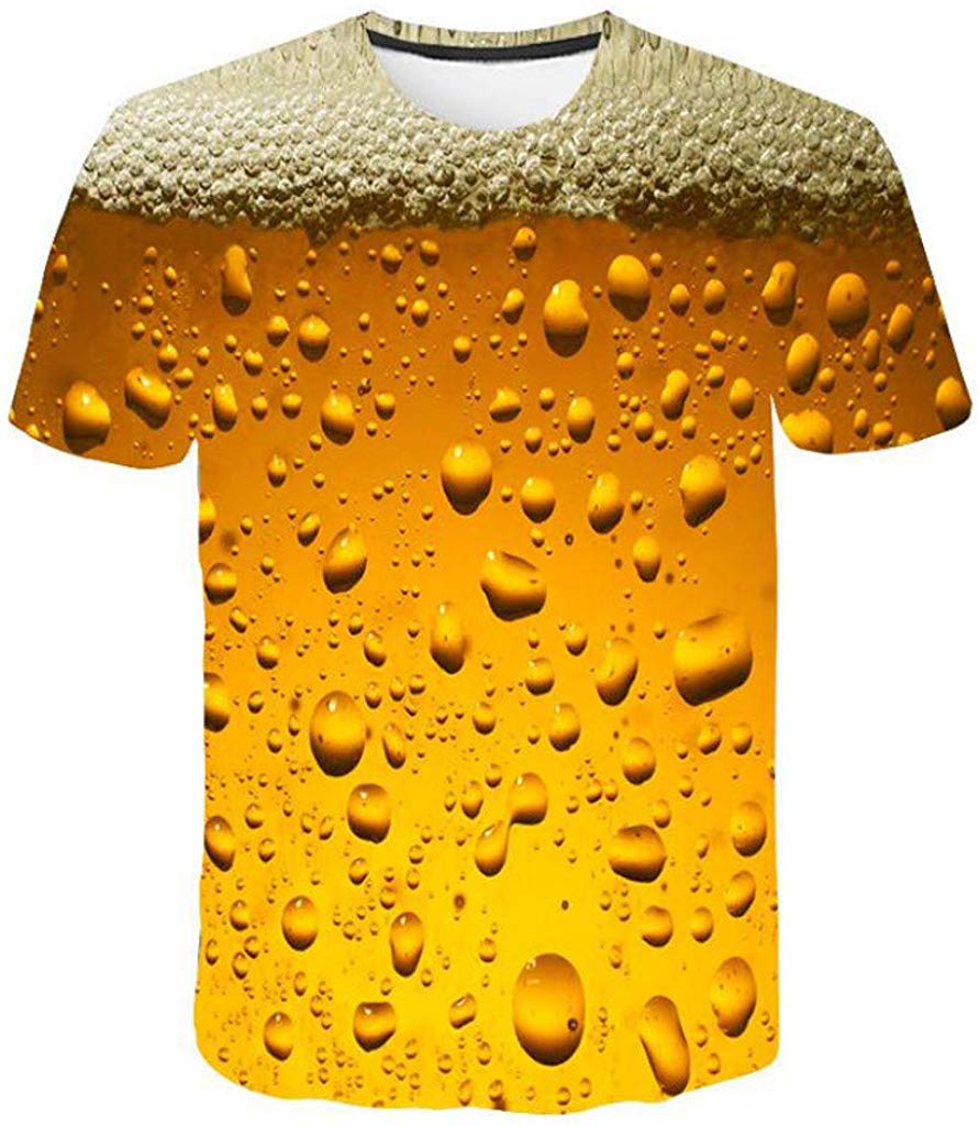 Men's Fashion 3D Beer Bubbles Printed Short Sleeve Top Yellow T-Shirts