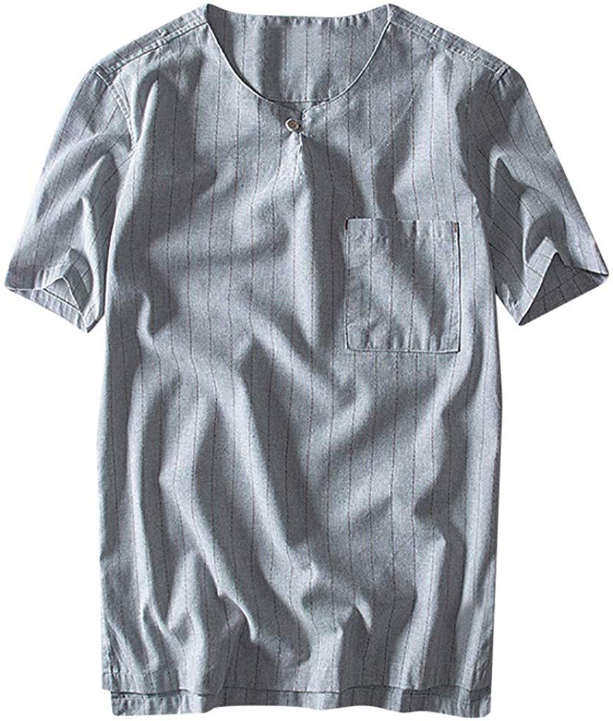 Men's Fashion Cotton Linen Pocket Stripe Short Sleeve Retro Tops Gray T-Shirts