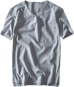 Men's Fashion Cotton Linen Pocket Stripe Short Sleeve Retro Tops Gray T-Shirts