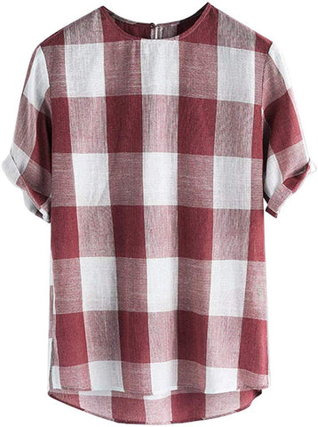 Men's Fashion Lattice Cotton Hemp Short Sleeve Comfortable Top Red T-Shirts