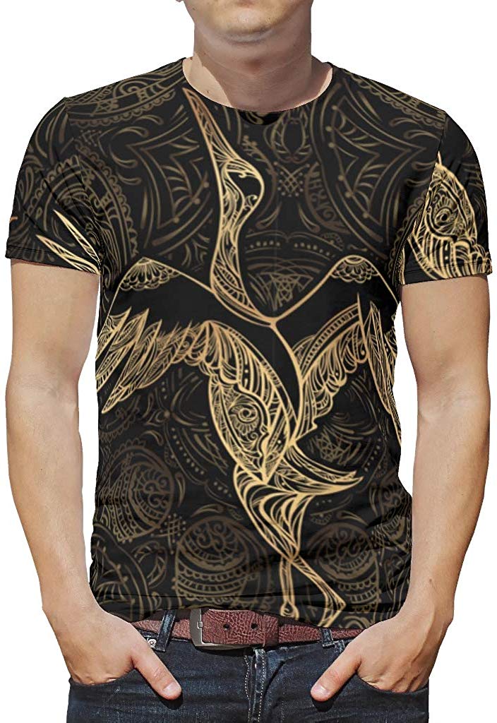 Men's Gold Crane Printed Moisture Soft Workout Gym Round Neck Paisley Top White T-Shirts