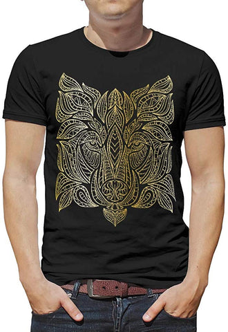 Men's Gold Wolf Pattern Classic Ultra Cotton Gym Exercise Crewneck Lightweight Animal Tops White T-Shirts