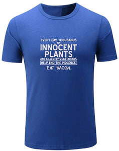 Men's Help Innocent Plants Eat Bacon Funny Graphic Blue T-Shirts