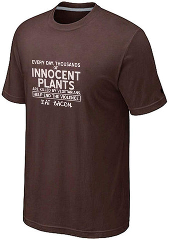 Men's Help Innocent Plants Eat Bacon Funny Graphic Brown T-Shirts