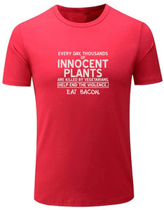 Men's Help Innocent Plants Eat Bacon Funny Graphic Red T-Shirts