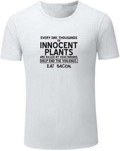 Men's Help Innocent Plants Eat Bacon Funny Graphic White T-Shirts