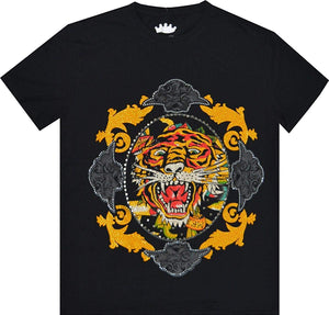 Men's Rhinestone Graphic FiTiger Bling Studded Black T-Shirts