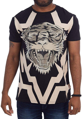 Men's Rhinestone Graphic Roaring Tiger Bling Studded Black T-Shirts