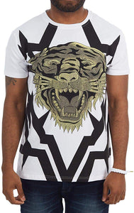 Men's Rhinestone Graphic Roaring Tiger Bling Studded White T-Shirts