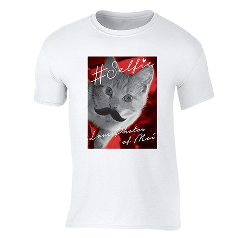 Men's Selfie Cat Mustache Animal Lover Crewneck Short Sleeve White T-Shirts