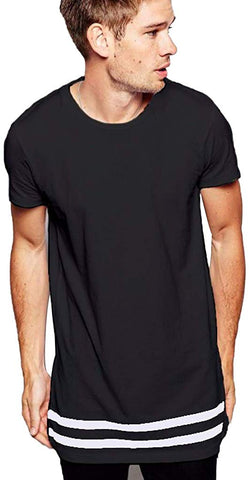 Men's Short Sleeve Hem Printing Striped O-Collar Fashion Cotton Top Black T-Shirts