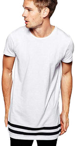 Men's Short Sleeve Hem Printing Striped O-Collar Fashion Cotton Top White T-Shirts