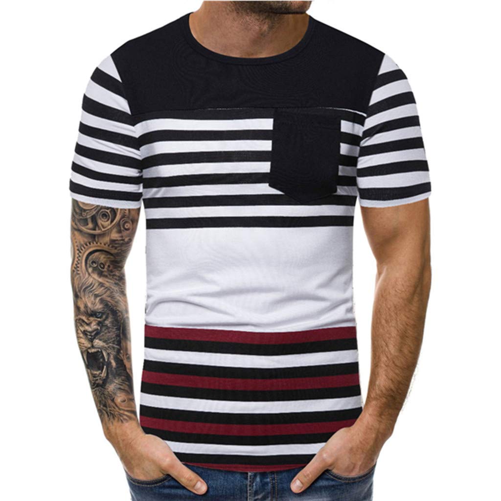 Men's Striped Stitching Short-Sleeved Fashion Casual Sports Round Neck Short-Sleeved Wild Slim Black T-Shirts