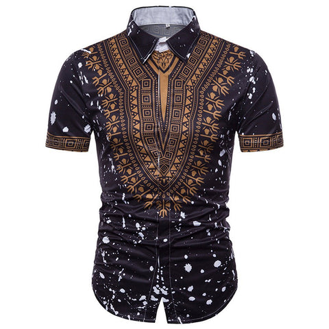 Men's Summer Casual African Print Turn Down Collar Pullover Short Sleeve Top Black T-Shirts