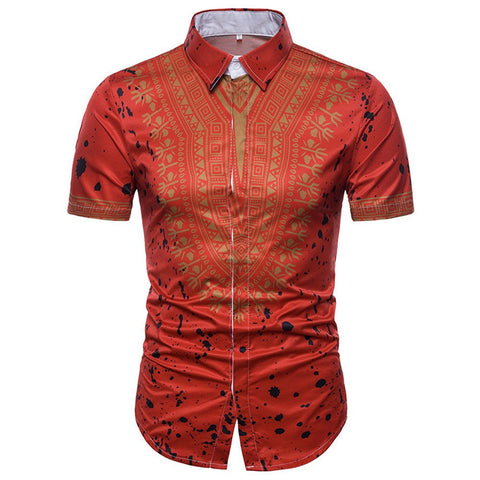 Men's Summer Casual African Print Turn Down Collar Pullover Short Sleeve Top Red T-Shirts