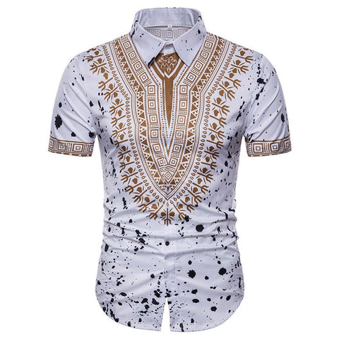 Men's Summer Casual African Print Turn Down Collar Pullover Short Sleeve Top White T-Shirts