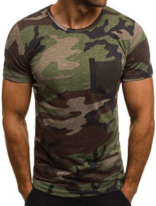 Men's Summer Casual Camouflage Printing Pocket Elastic Short Sleeve Tops Green T-Shirts