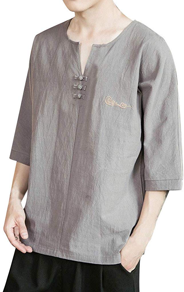 Men's Summer Casual Cotton Linen Embroidery Fashion Tops Gray T-Shirts