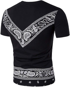 Men's Summer Casual Geometry Print Patchwork O Neck Short Sleeve Top Black T-Shirts