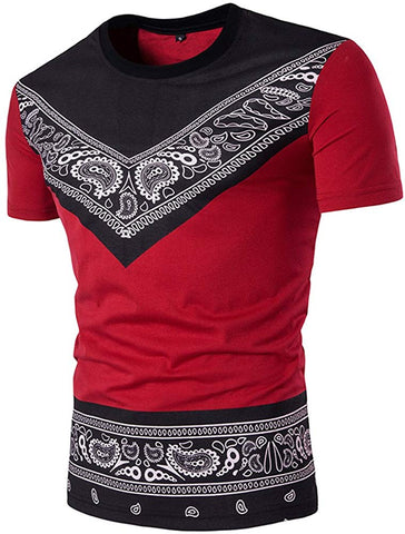 Men's Summer Casual Geometry Print Patchwork O Neck Short Sleeve Top Red T-Shirts