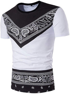 Men's Summer Casual Geometry Print Patchwork O Neck Short Sleeve Top White T-Shirts