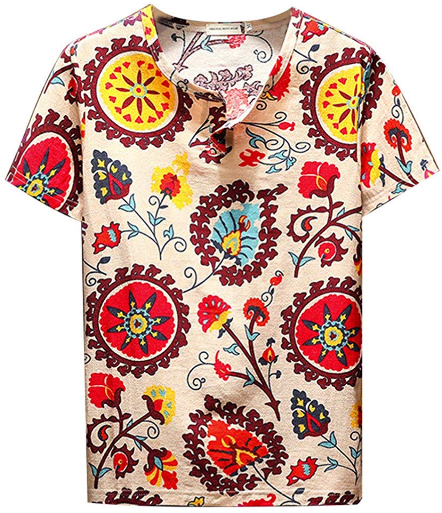 Men's Summer Ethnic Style PrintedO-Collar Short Sleeve Tops Brown T-Shirts