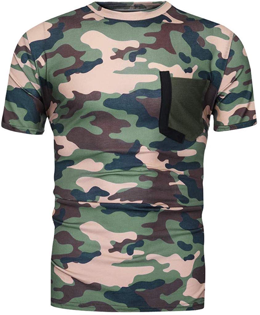 Men's Summer Fashion Camouflage Printing Elastic Short Sleeve Tops Gray T-Shirts